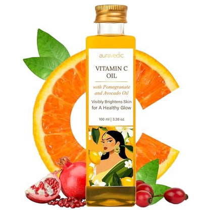 Auravedic Vitamin C Face Oil with Rosehip, Avocado & Vitamin E – Natural Organic Moisturizer for Soft, Smooth Skin, 3.38 Fl Oz