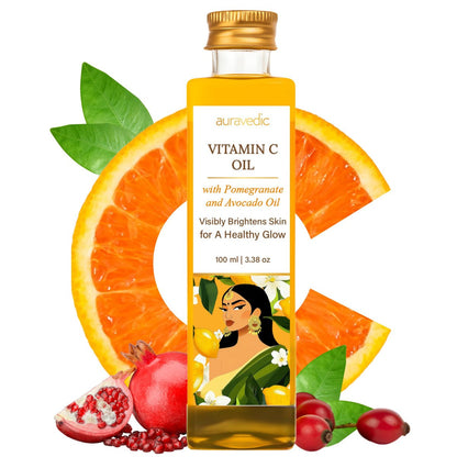 Auravedic Vitamin C Face Oil with Rosehip, Avocado & Vitamin E – Natural Organic Moisturizer for Soft, Smooth Skin, 3.38 Fl Oz