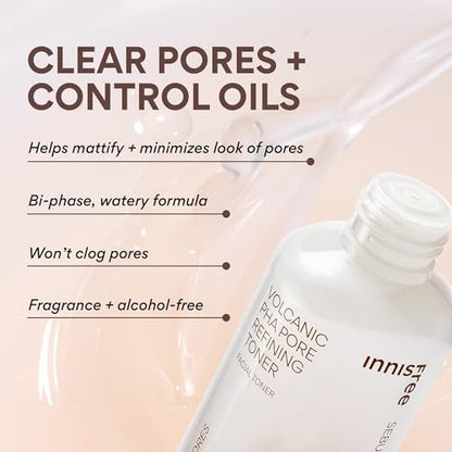 innisfree Volcanic PHA Toner – Korean Exfoliating Face Treatment with AHA & BHA, Refines Texture & Controls Oil (5.07 Fl Oz) Avelisse