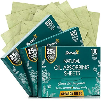 Natural Green Tea Oil Blotting Sheets for Face - 25% Larger - 3 Pack/300 Sheets - Makeup Friendly Oil Absorbing Papers with Easy Dispensing