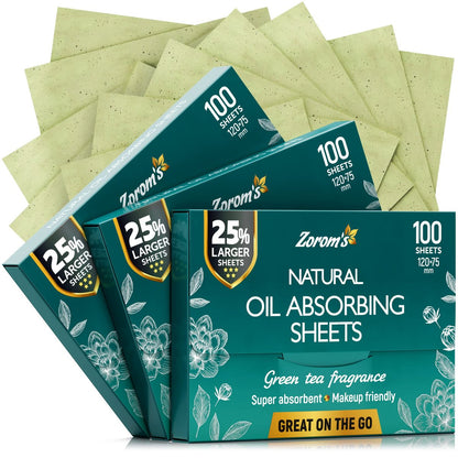 Natural Green Tea Oil Blotting Sheets for Face - 25% Larger - 3 Pack/300 Sheets - Makeup Friendly Oil Absorbing Papers with Easy Dispensing
