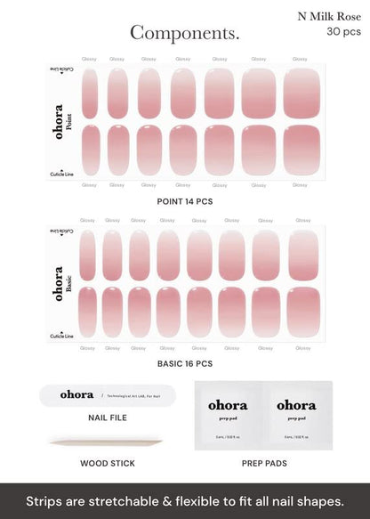 ohora Semi Cured Gel Nail Strips - N Milk Rose Pink Ombre - Salon-Quality Long-Lasting Nail Art, Works with UV/LED Lamps, 30 Count Avelisse
