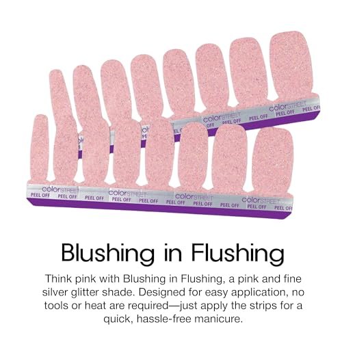 Color Street Blushing in Flushing Nail Strips – Pink with Silver Glitter, Chip-Resistant, Easy Application, 16 Pieces Avelisse