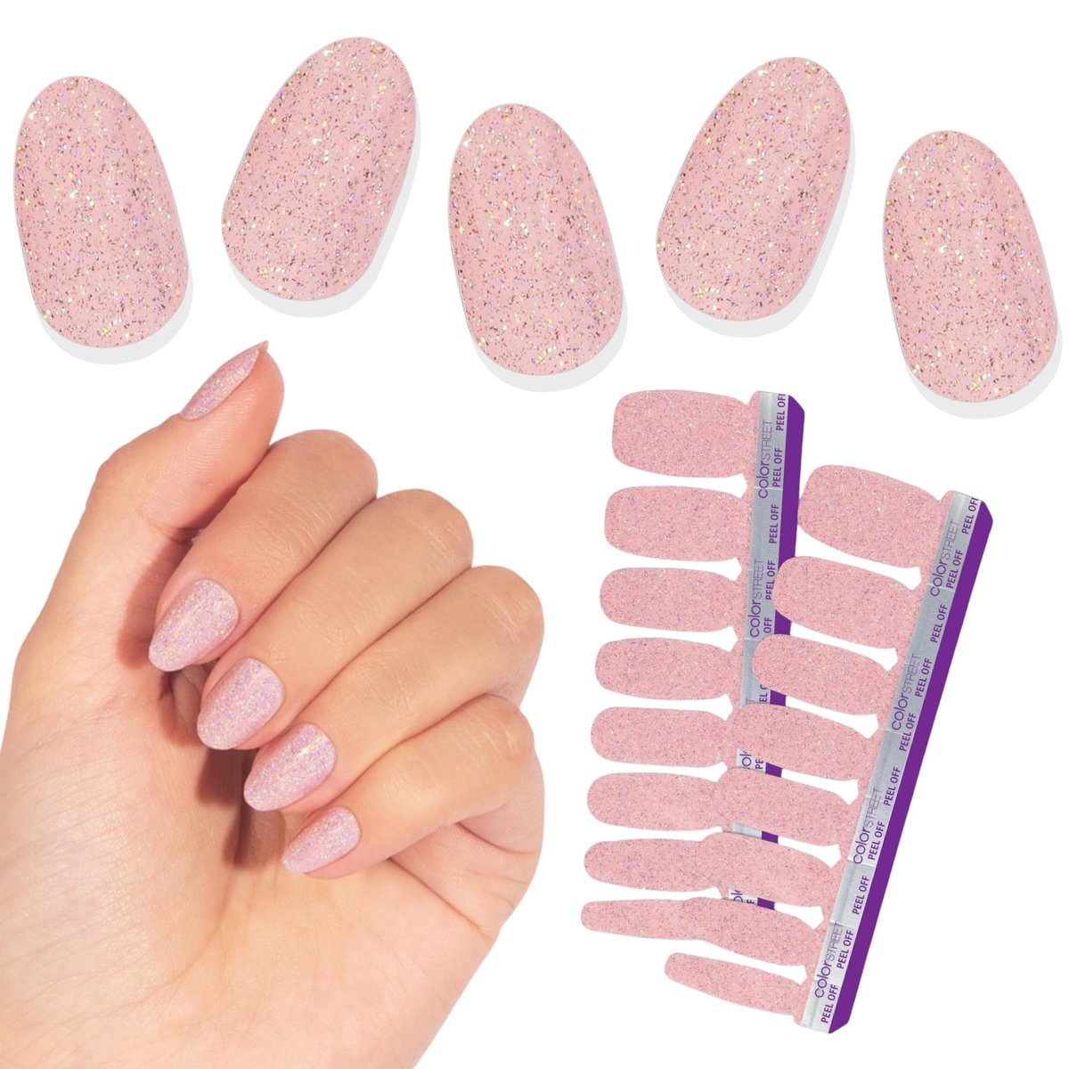 Color Street Blushing in Flushing Nail Strips – Pink with Silver Glitter, Chip-Resistant, Easy Application, 16 Pieces Avelisse