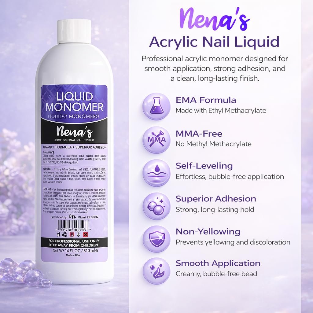 Professional Liquid Monomer by Nena's - 16 fl oz, GlamourShield Acrylic Formula, Non-Yellowing, Quick Dry, Strongest Adhesion for Acrylic Nail Art Avelisse