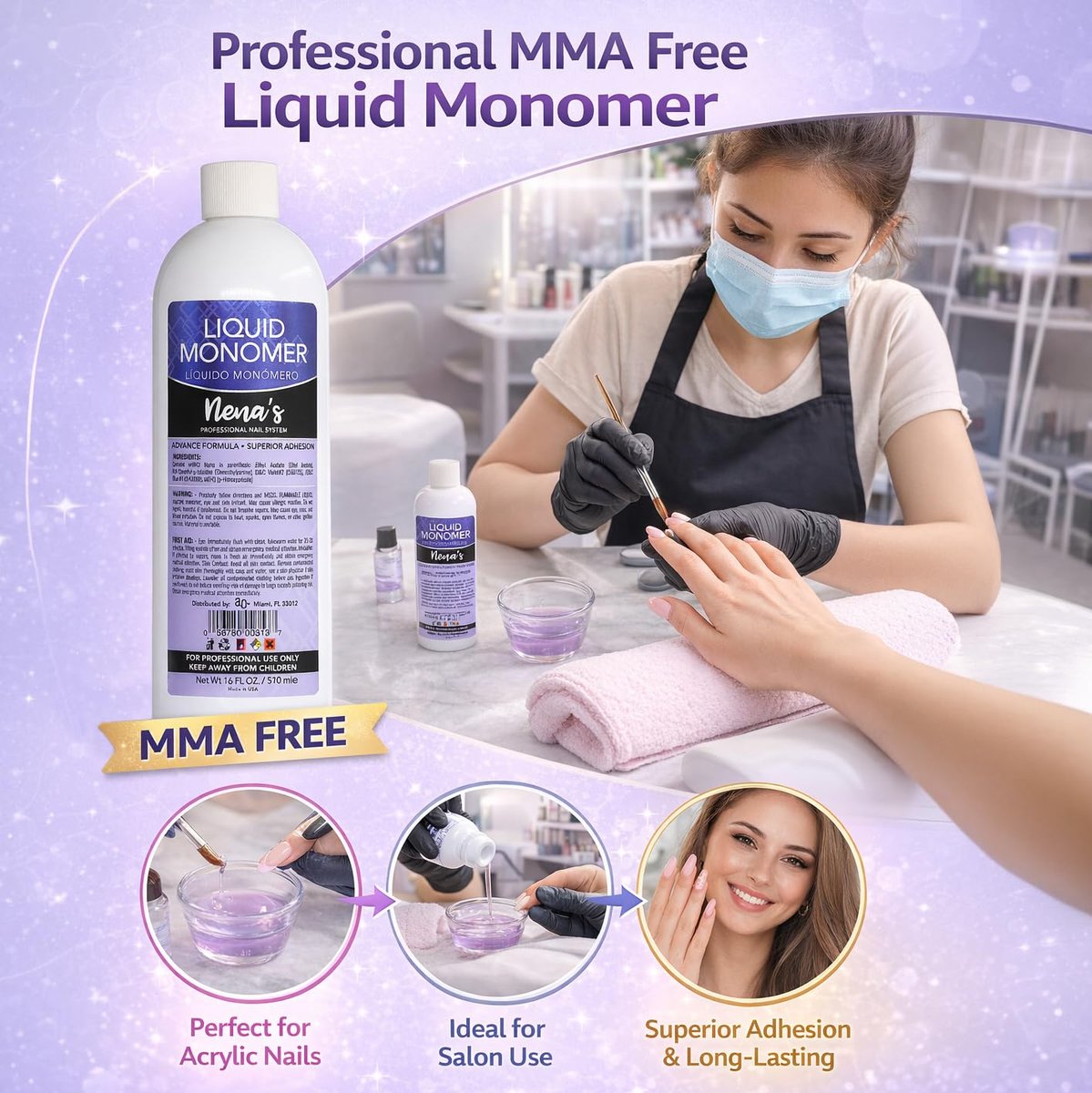Professional Liquid Monomer by Nena's - 16 fl oz, GlamourShield Acrylic Formula, Non-Yellowing, Quick Dry, Strongest Adhesion for Acrylic Nail Art Avelisse