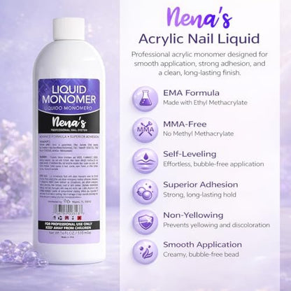 Professional Liquid Monomer by Nena's - 16 fl oz, GlamourShield Acrylic Formula, Non-Yellowing, Quick Dry, Strongest Adhesion for Acrylic Nail Art Avelisse