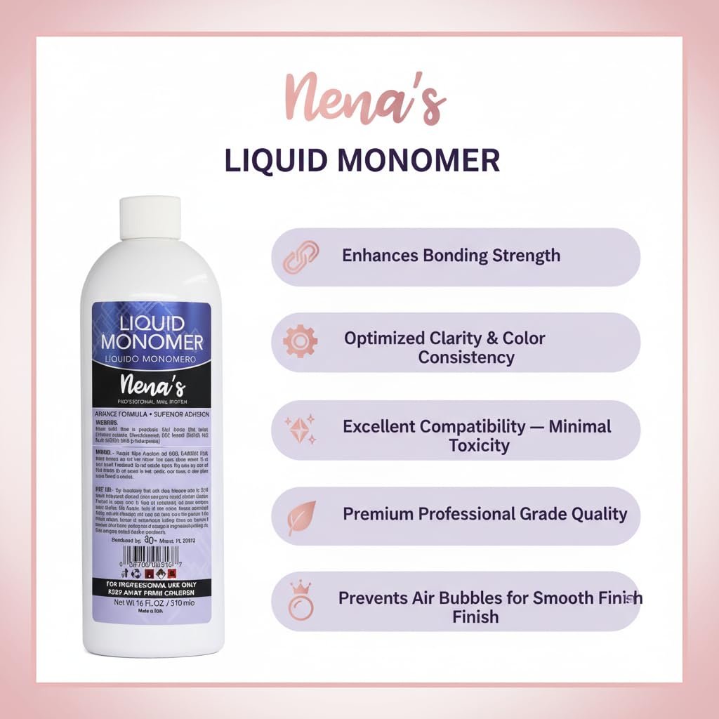 Professional Liquid Monomer by Nena's - 16 fl oz, GlamourShield Acrylic Formula, Non-Yellowing, Quick Dry, Strongest Adhesion for Acrylic Nail Art Avelisse