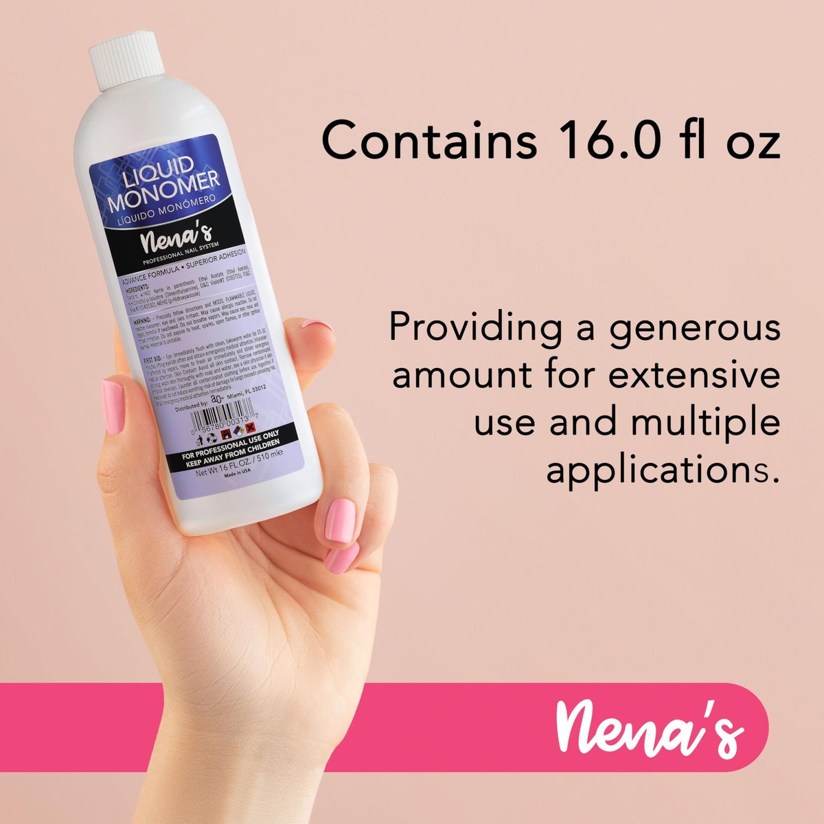 Professional Liquid Monomer by Nena's - 16 fl oz, GlamourShield Acrylic Formula, Non-Yellowing, Quick Dry, Strongest Adhesion for Acrylic Nail Art Avelisse