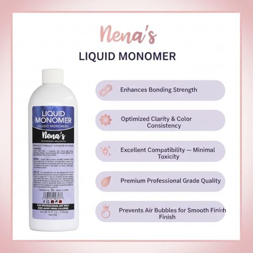 Professional Liquid Monomer by Nena's - 16 fl oz, GlamourShield Acrylic Formula, Non-Yellowing, Quick Dry, Strongest Adhesion for Acrylic Nail Art Avelisse