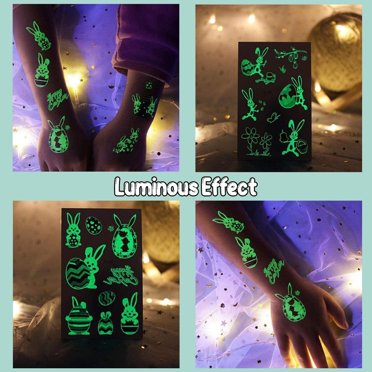 Partywind 132 PCS Luminous Easter Temporary Tattoos for Kids - Glow in the Dark Tattoos, Easter Basket Stuffers, Party Favors - görsel 3