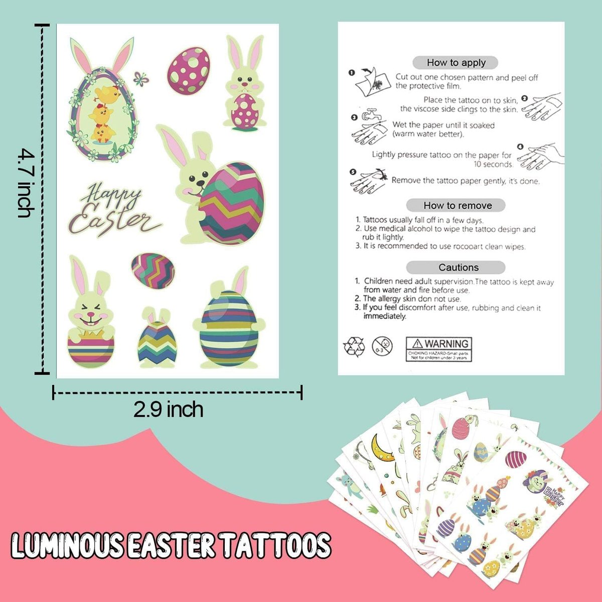 Partywind 132 PCS Luminous Easter Temporary Tattoos for Kids - Glow in the Dark Tattoos, Easter Basket Stuffers, Party Favors - görsel 13