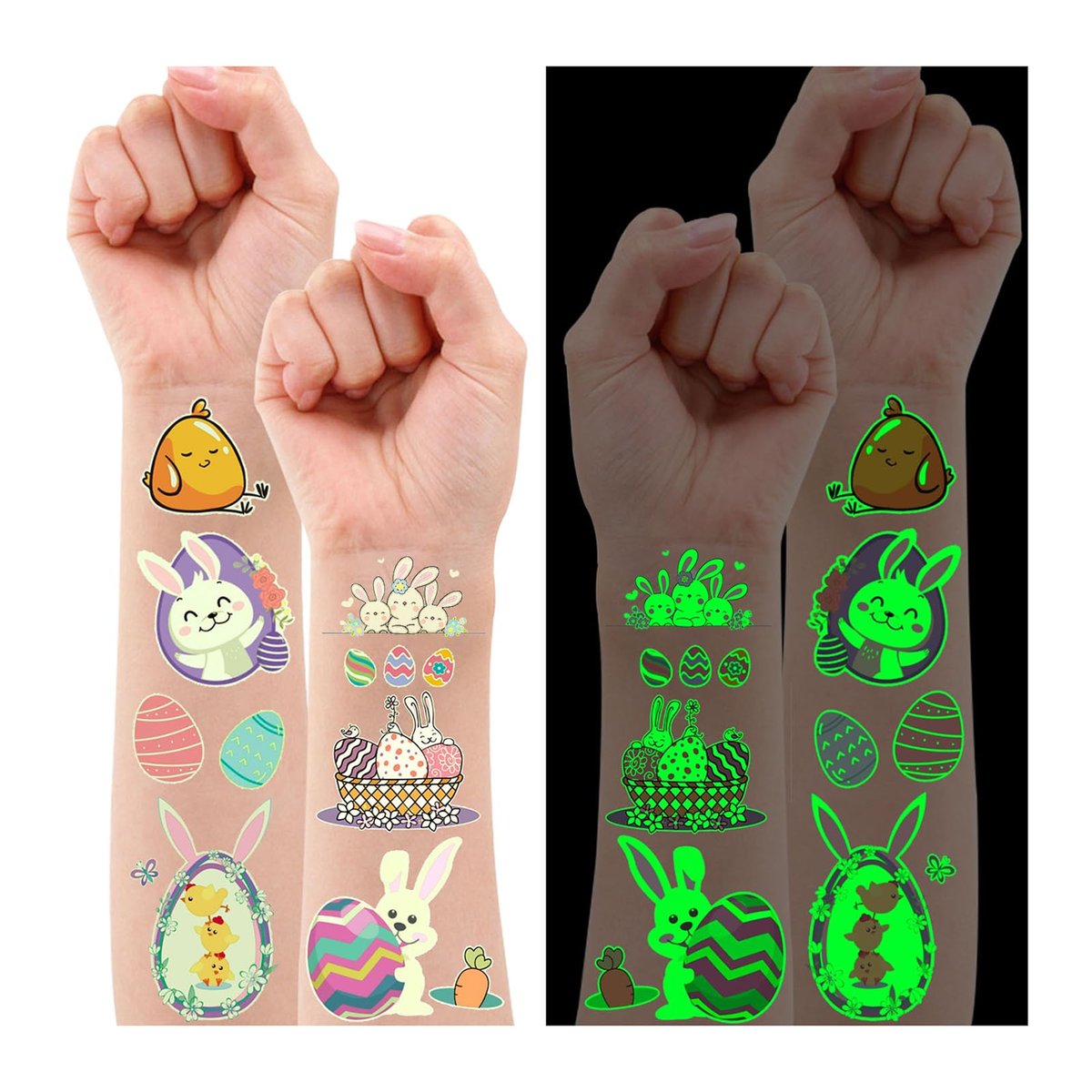 Partywind 132 PCS Luminous Easter Temporary Tattoos for Kids - Glow in the Dark Tattoos, Easter Basket Stuffers, Party Favors - görsel 1