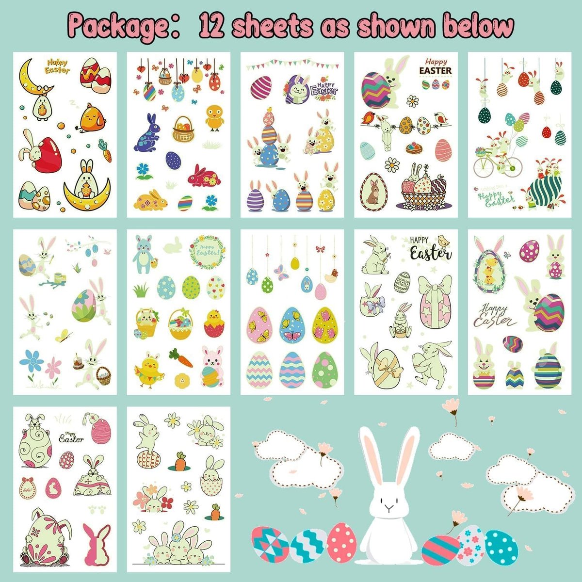 Partywind 132 PCS Luminous Easter Temporary Tattoos for Kids - Glow in the Dark Tattoos, Easter Basket Stuffers, Party Favors - görsel 5