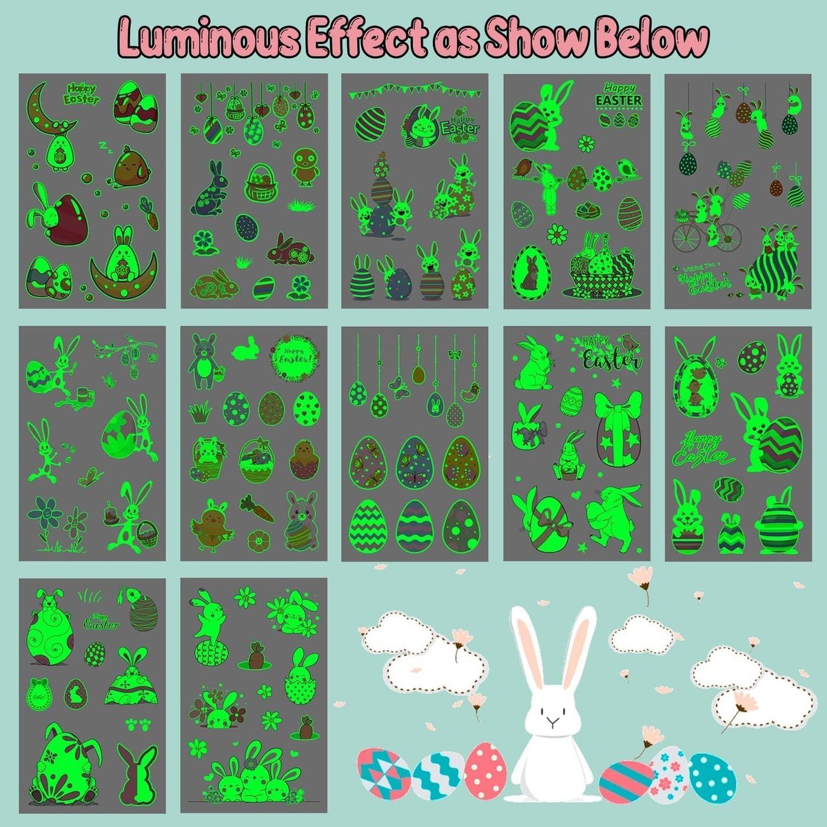 Partywind 132 PCS Luminous Easter Temporary Tattoos for Kids - Glow in the Dark Tattoos, Easter Basket Stuffers, Party Favors - görsel 7