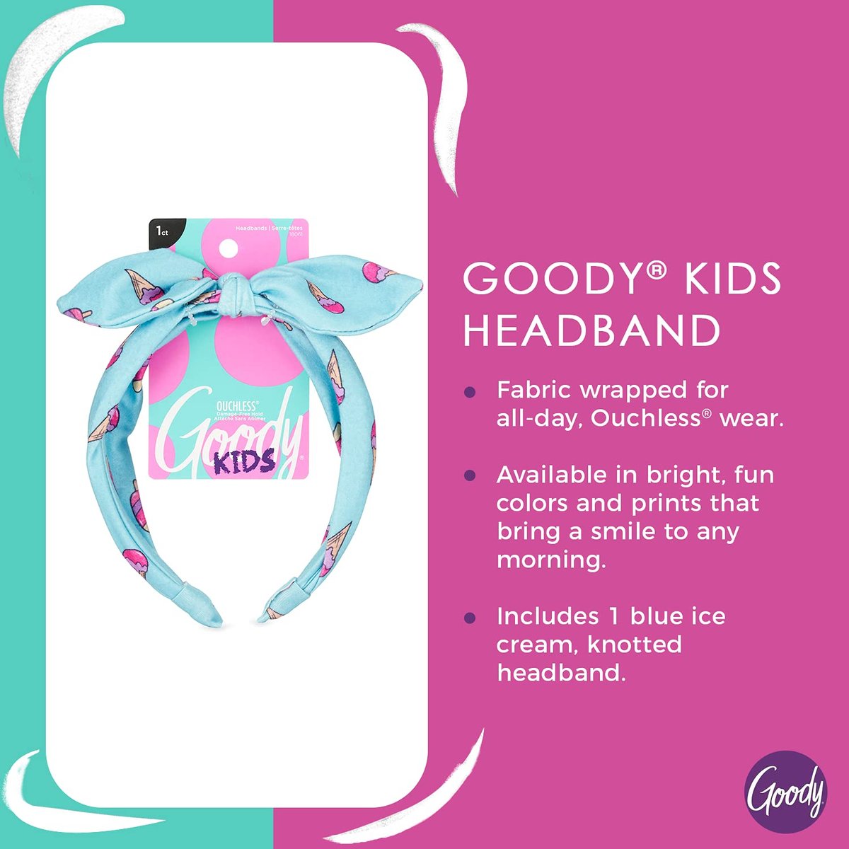 GOODY Kids Headband - Blue Ice Cream Print - Comfort Fit for All Day Wear - Secures All Hair Types - görsel 3