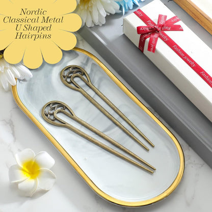 Chuangdi 2 Pack U Shaped Hair Pins - French Twist Hair Forks for Women, Metal Updo Chignon Pins for Long Thick Fine Hair (Bronze)