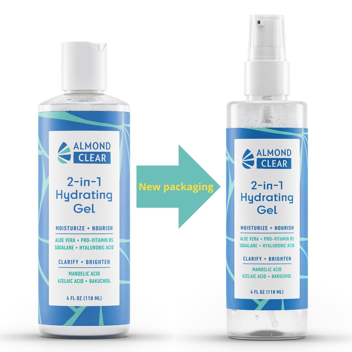 Almond Clear 2-in-1 Hydrating Gel | Lightweight Mandelic Acid Moisturizer for Oily, Blemish-Prone Skin | Aloe Vera, Squalane, Hyaluronic Acid, Bakuchiol | 4 oz Avelisse