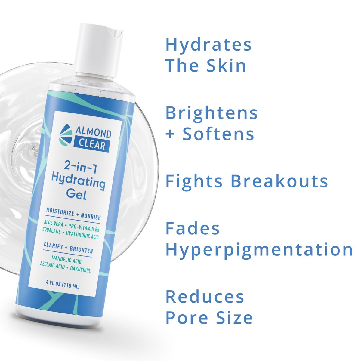 Almond Clear 2-in-1 Hydrating Gel | Lightweight Mandelic Acid Moisturizer for Oily, Blemish-Prone Skin | Aloe Vera, Squalane, Hyaluronic Acid, Bakuchiol | 4 oz Avelisse