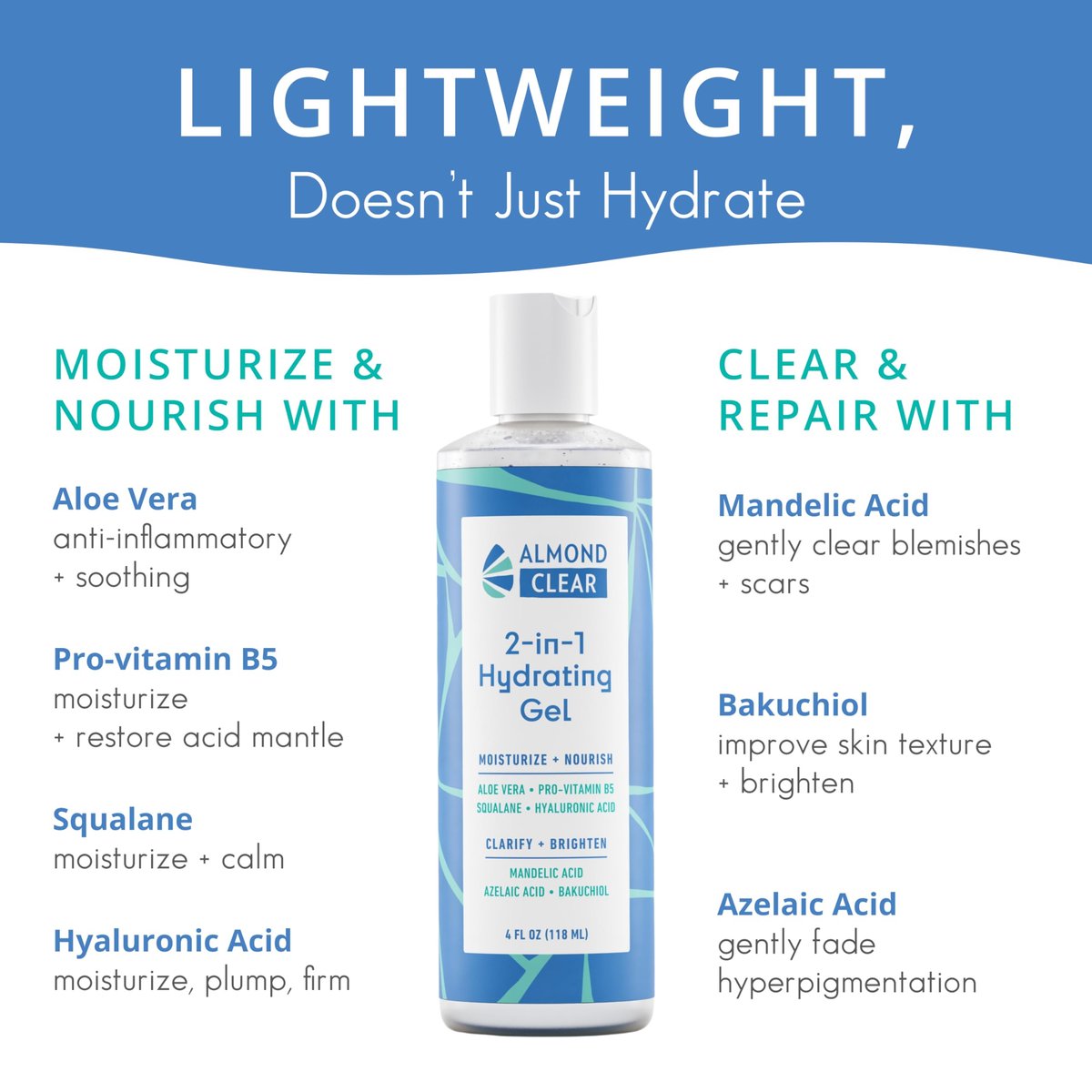Almond Clear 2-in-1 Hydrating Gel | Lightweight Mandelic Acid Moisturizer for Oily, Blemish-Prone Skin | Aloe Vera, Squalane, Hyaluronic Acid, Bakuchiol | 4 oz Avelisse