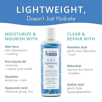 Almond Clear 2-in-1 Hydrating Gel | Lightweight Mandelic Acid Moisturizer for Oily, Blemish-Prone Skin | Aloe Vera, Squalane, Hyaluronic Acid, Bakuchiol | 4 oz Avelisse