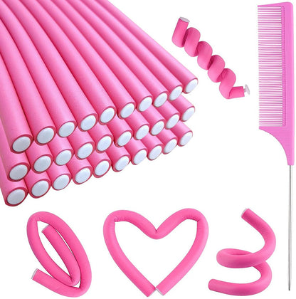 30-Pack 9.45-Inch Flexi Rods Curlers Set for Short and Long Hair - No Heat Foam Rollers with Steel Comb - Buytta