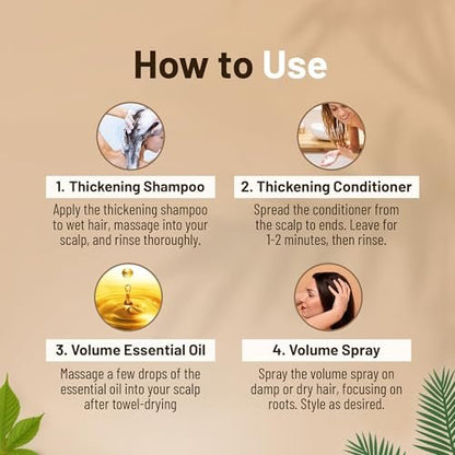 Herbishh Thickening Shampoo and Conditioner Set with Hair Vitalizer & Growth Essence Oil - 4-in-1 Hair Care System for Thinning Hair, Prevents Hair Loss, Supports Healthy Growth