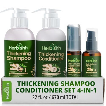 Herbishh Thickening Shampoo and Conditioner Set with Hair Vitalizer & Growth Essence Oil - 4-in-1 Hair Care System for Thinning Hair, Prevents Hair Loss, Supports Healthy Growth