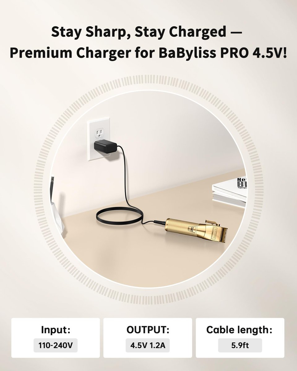 VHBW 4.5V Charger for BaByliss PRO FX870 FX825 Clipper - 6.5FT Extra Long Power Cord Replacement Avelisse