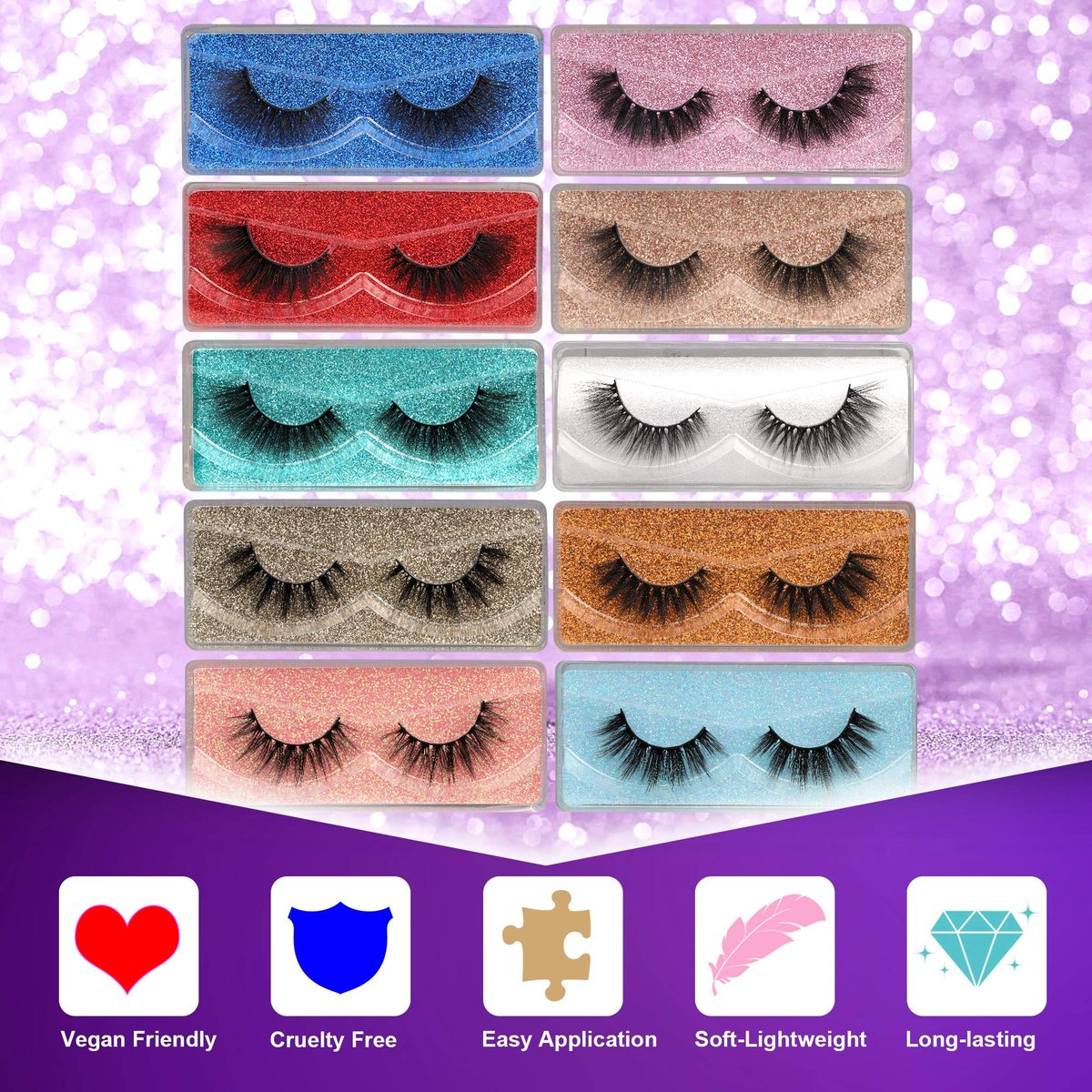 Wispy 18mm Natural 3D Faux Mink Lashes 10 Pairs Mixed Styles with Glitter Boxes - Reusable False Eyelashes Bulk - görsel 9