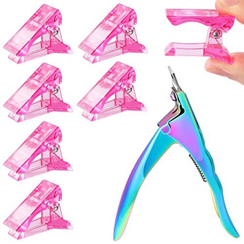 MIKIMIQI 6 Pcs Poly Gel Quick Building Nail Tips Clip Pink Transparent Finger Extension UV LED Builder Nail Tips Clips with 1 Pc Acrylic Nail Tips Clipper Trimmer Cutter for Quick Building Manicure - görsel 2