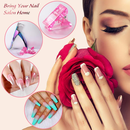 MIKIMIQI 6 Pcs Poly Gel Quick Building Nail Tips Clip Pink Transparent Finger Extension UV LED Builder Nail Tips Clips with 1 Pc Acrylic Nail Tips Clipper Trimmer Cutter for Quick Building Manicure