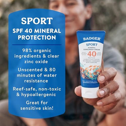 Badger Sport Mineral Sunscreen SPF 40 - Reef Safe, Unscented, 98% Organic, 2.9 fl oz