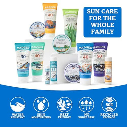 Badger Sport Mineral Sunscreen SPF 40 - Reef Safe, Unscented, 98% Organic, 2.9 fl oz