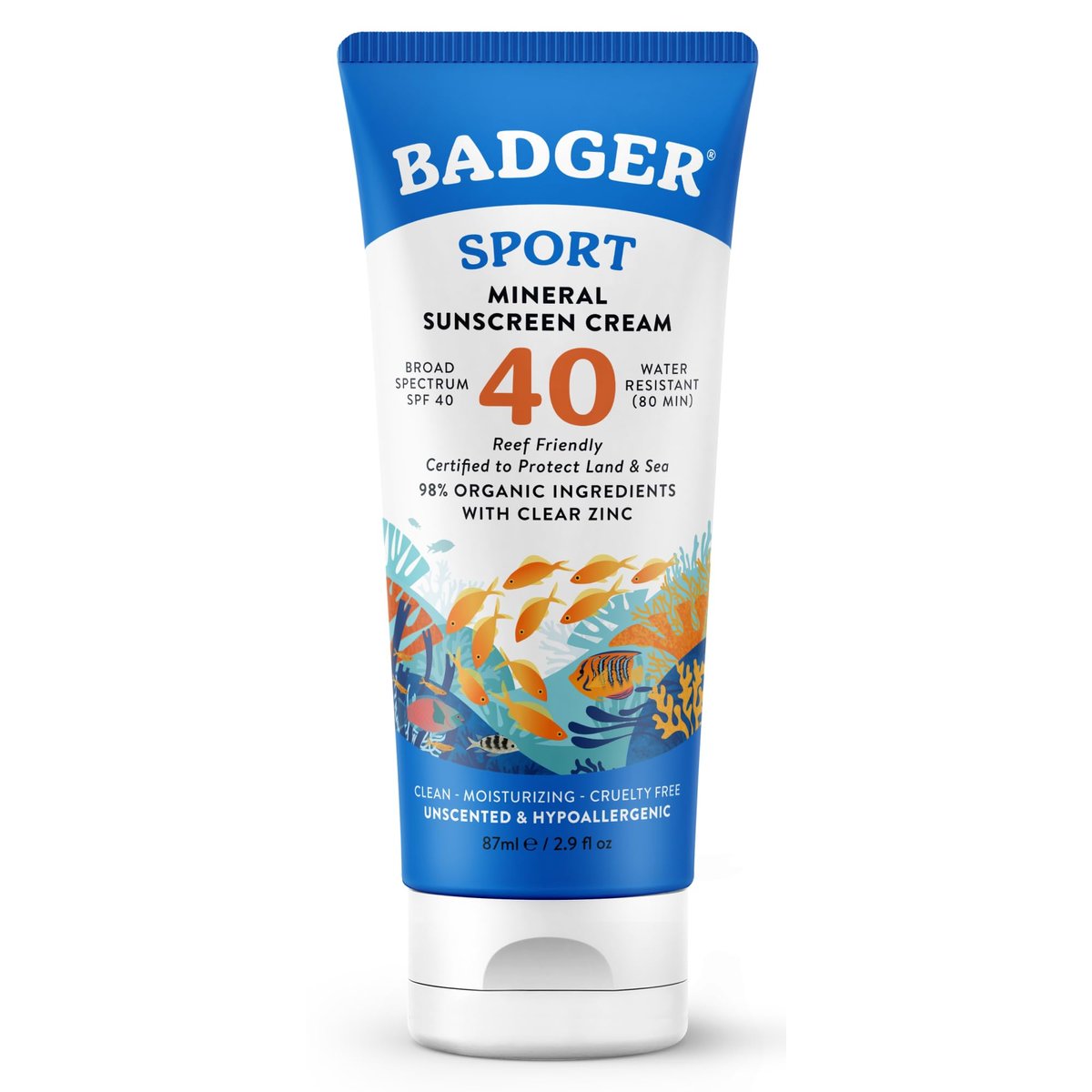 Badger Sport Mineral Sunscreen SPF 40 - Reef Safe, Unscented, 98% Organic, 2.9 fl oz - görsel 1