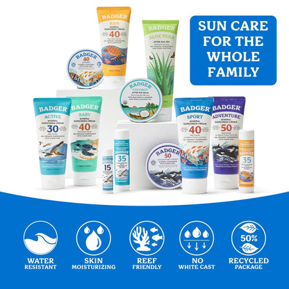 Badger Sport Mineral Sunscreen SPF 40 - Reef Safe, Unscented, 98% Organic, 2.9 fl oz