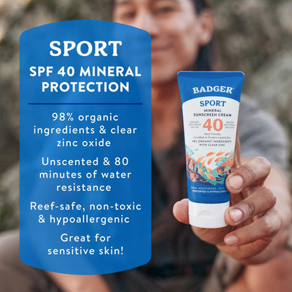 Badger Sport Mineral Sunscreen SPF 40 - Reef Safe, Unscented, 98% Organic, 2.9 fl oz