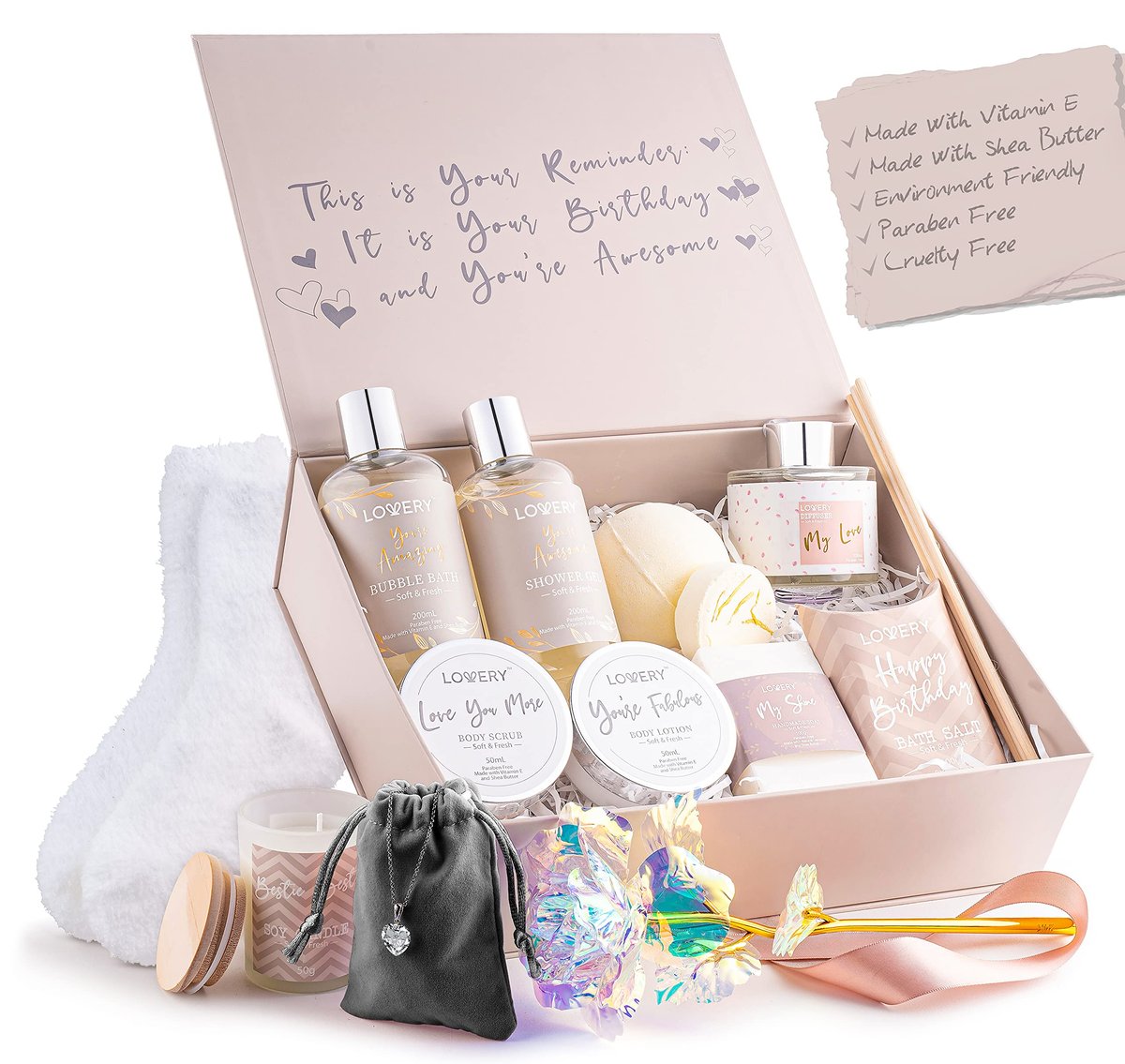 Luxury Birthday Spa Gift Basket for Women - 17 Piece Set with Rose, Candle, Diffuser, Sterling Silver CZ Necklace & More Avelisse