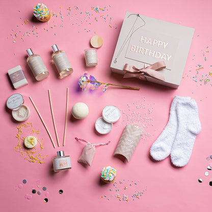 Luxury Birthday Spa Gift Basket for Women - 17 Piece Set with Rose, Candle, Diffuser, Sterling Silver CZ Necklace & More Avelisse
