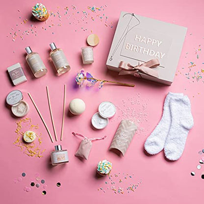 Luxury Birthday Spa Gift Basket for Women - 17 Piece Set with Rose, Candle, Diffuser, Sterling Silver CZ Necklace & More Avelisse