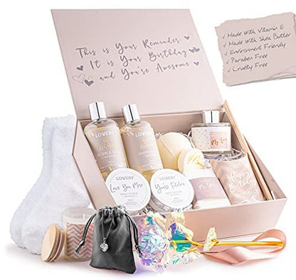 Luxury Birthday Spa Gift Basket for Women - 17 Piece Set with Rose, Candle, Diffuser, Sterling Silver CZ Necklace & More Avelisse