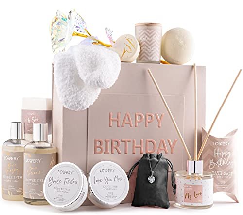 Luxury Birthday Spa Gift Basket for Women - 17 Piece Set with Rose, Candle, Diffuser, Sterling Silver CZ Necklace & More Avelisse