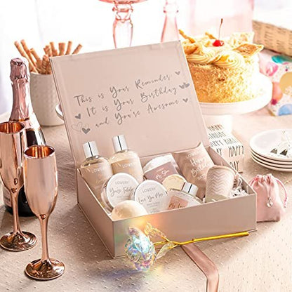 Luxury Birthday Spa Gift Basket for Women - 17 Piece Set with Rose, Candle, Diffuser, Sterling Silver CZ Necklace & More Avelisse