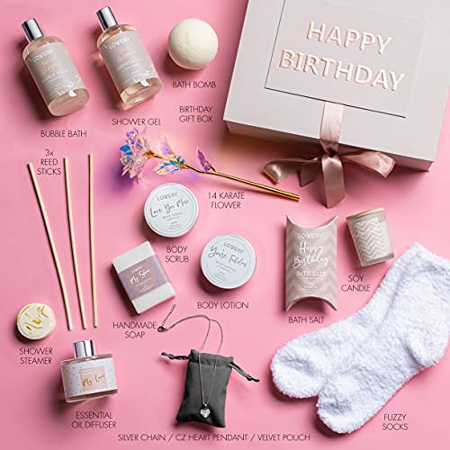 Luxury Birthday Spa Gift Basket for Women - 17 Piece Set with Rose, Candle, Diffuser, Sterling Silver CZ Necklace & More Avelisse