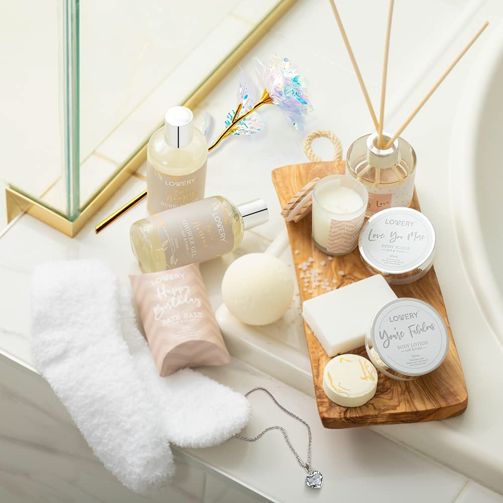 Luxury Birthday Spa Gift Basket for Women - 17 Piece Set with Rose, Candle, Diffuser, Sterling Silver CZ Necklace & More Avelisse