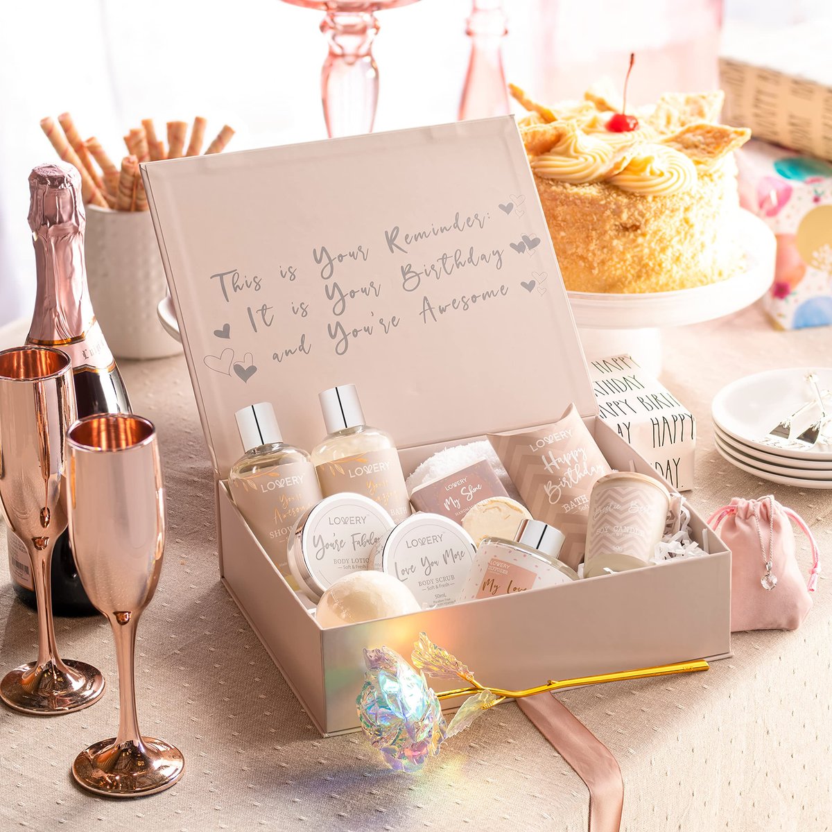 Luxury Birthday Spa Gift Basket for Women - 17 Piece Set with Rose, Candle, Diffuser, Sterling Silver CZ Necklace & More Avelisse