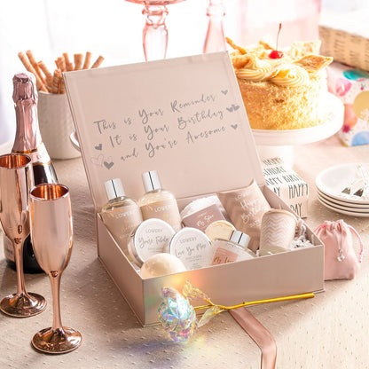 Luxury Birthday Spa Gift Basket for Women - 17 Piece Set with Rose, Candle, Diffuser, Sterling Silver CZ Necklace & More Avelisse