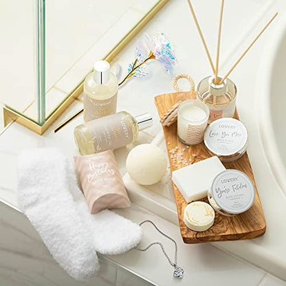 Luxury Birthday Spa Gift Basket for Women - 17 Piece Set with Rose, Candle, Diffuser, Sterling Silver CZ Necklace & More Avelisse
