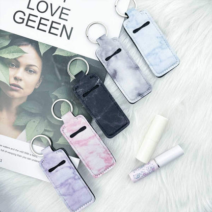 5-Piece Marble Chapstick Clip-On Sleeve Pouch Neoprene Keychains Lipstick Holder Elastic Lip Balm Holster Keychain Holder for Travel