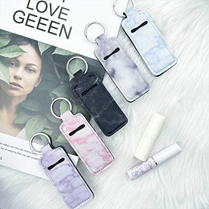 5-Piece Marble Chapstick Clip-On Sleeve Pouch Neoprene Keychains Lipstick Holder Elastic Lip Balm Holster Keychain Holder for Travel